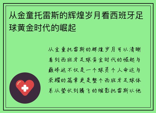 从金童托雷斯的辉煌岁月看西班牙足球黄金时代的崛起 从金童托雷斯的辉煌岁月看西班牙足球黄金时代的崛起