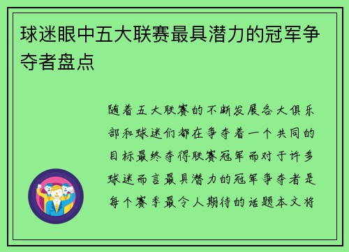 球迷眼中五大联赛最具潜力的冠军争夺者盘点 球迷眼中五大联赛最具潜力的冠军争夺者盘点