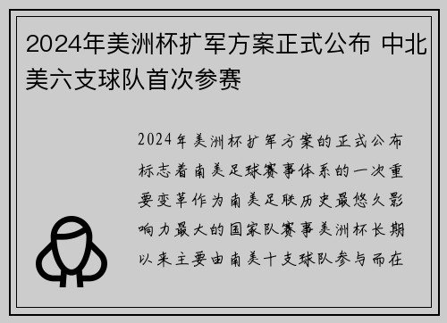 2024年美洲杯扩军方案正式公布 中北美六支球队首次参赛 2024年美洲杯扩军方案正式公布 中北美六支球队首次参赛