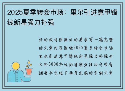 2025夏季转会市场：里尔引进意甲锋线新星强力补强