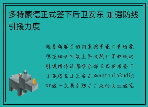 多特蒙德正式签下后卫安东 加强防线引援力度